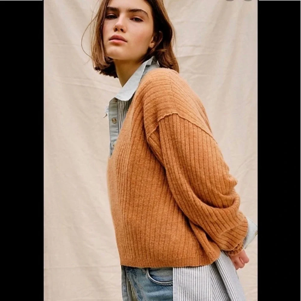 Free People Elias Cashmere Long Sleeve V‎ Neck Sweater Cinnamon Womens Small